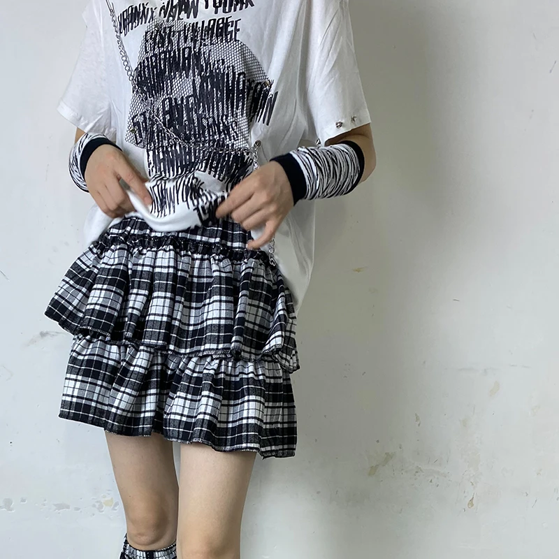 

Y2k Girl Elastic Waist Street Midi Skirts Gothic Lady Black White Plaid Mini Skirt Summer Dark Goth Cool Korean Fashion Clothes