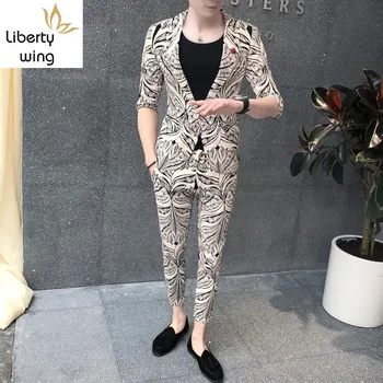 

New Mens 3pcs Set Floral Printed Half Sleeve Blazer Coat Skinny Pants Slim Fit Casual Suit Night Club Male Outfits Matching