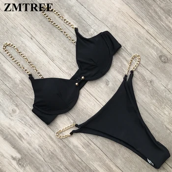

ZMTREE Push Up Bikinis Set Women White Black Swimwear Female Micro Swimsuit Thong Beach Bathing Suit with Metal Chain 2019