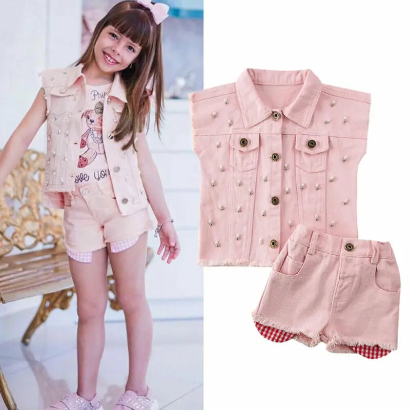 

2Pcs Infant Kids Baby Girl Denim Clothes Sets Solid Vest Tops Waistcoat+Shorts Pants Outfit 6M-5Y