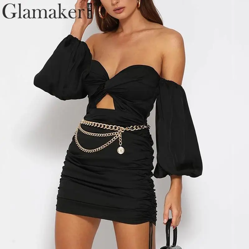 Glamaker атласное со спущенными плечами Плиссированное черное эротичное Платье женское облегающее открытое осеннее платье Femme элегантное для вечеринки и клуба платье зима