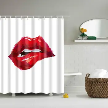 

Waterproof Thicken Polyester 3D White Shower Curtain Red Lips Mildew Proof Bath Tub Curtain with 12 pcs Hooks
