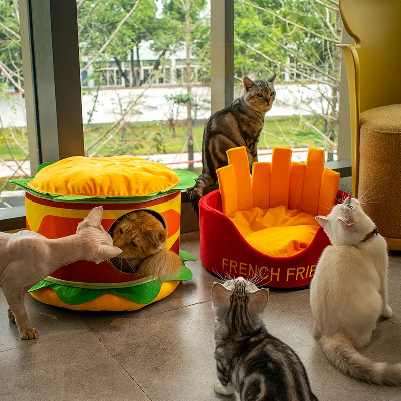 Cute Cat Bed House Hamburger French Fries Pet Cave Beds For Dog Cat