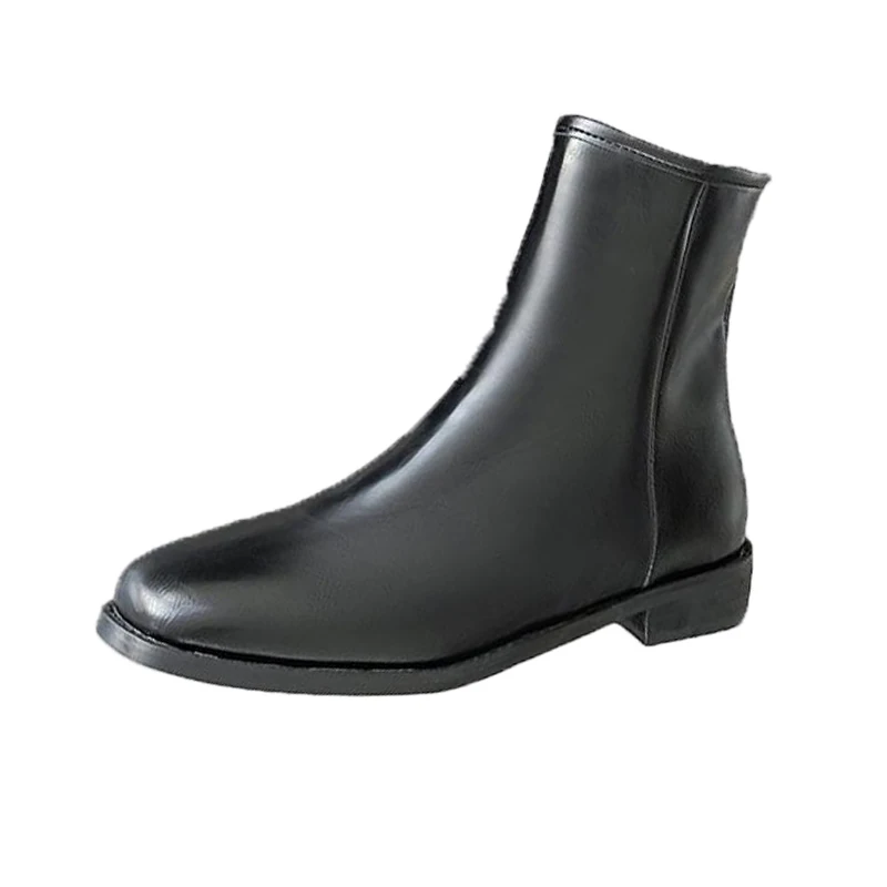 

Winter Women's Short Boots 2020 Round Head Flat Bottom Flat Heel Soft Leather PU Low Back Zipper Undefined Motorcycle Boots