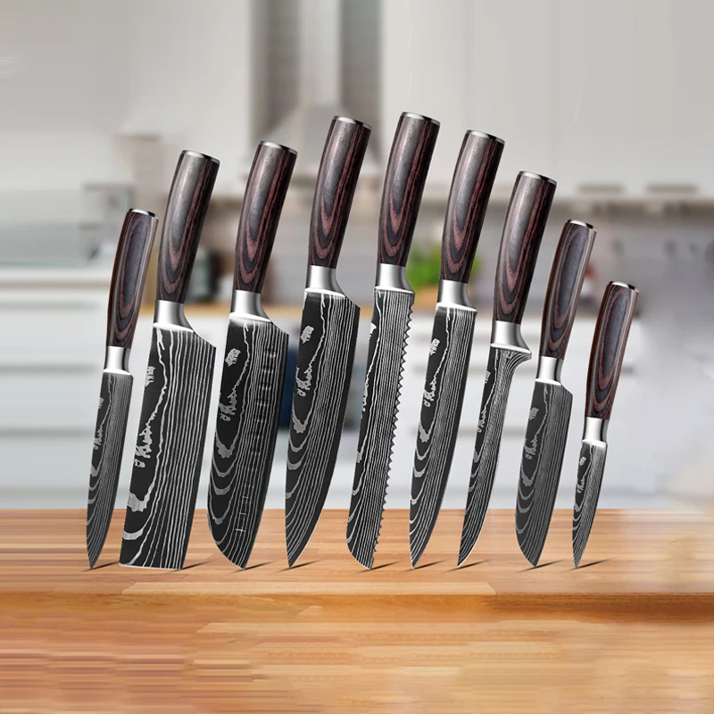 kitchen knives Set 7CR17 440C High Carbon Damascus pattern Chef Knife Sharp Santoku Cleaver Slicing Utility Knives Wooden Handle | Дом и сад