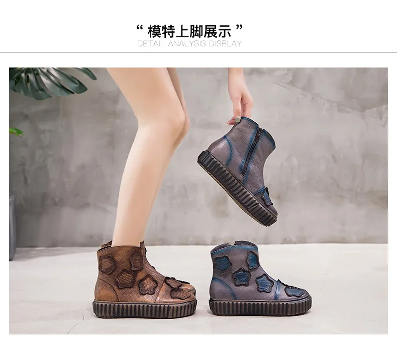 Gykaeo Folk Style Retro Genuine Leather Short Boots Women Comfortable Thick Bottom Roman Cowhide Boots Mother Botines Mujer
