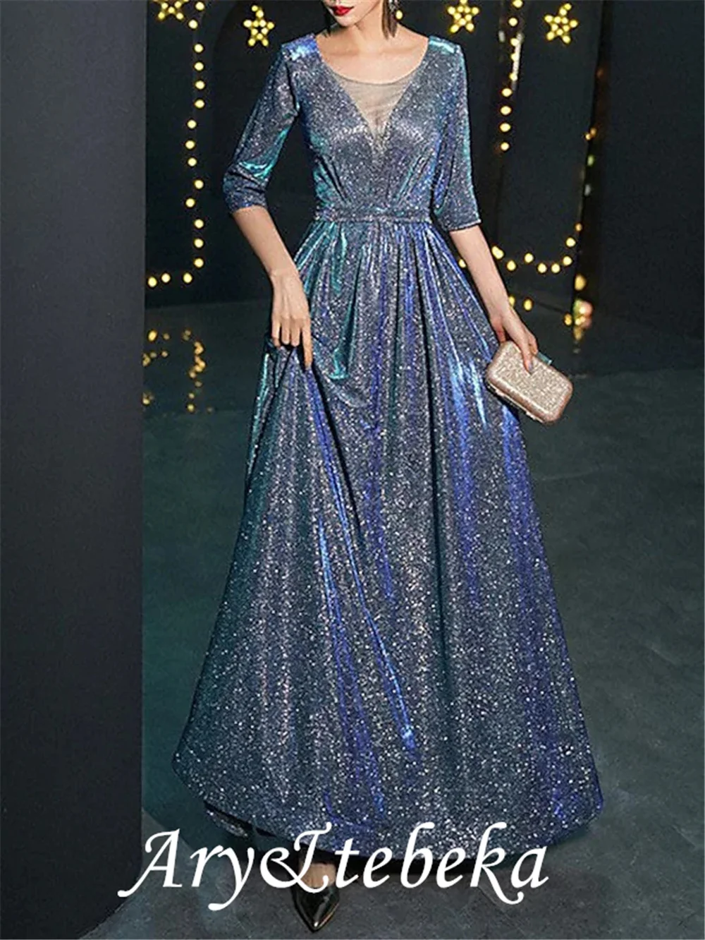 A-Line Mother of the Bride Dress Elegant Sparkle & Shine Jewel Neck Floor Length Satin Tulle Half Sleeve with Sequin mother bride dresses