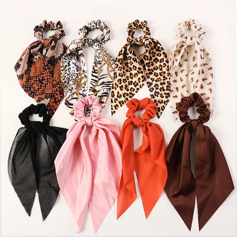 

Leopard Snake Floral Print Scrunchies Elastic Hair Scarf Bow Streamers Hair Ties For Girls Hair Accessories Women Ribbon Bands