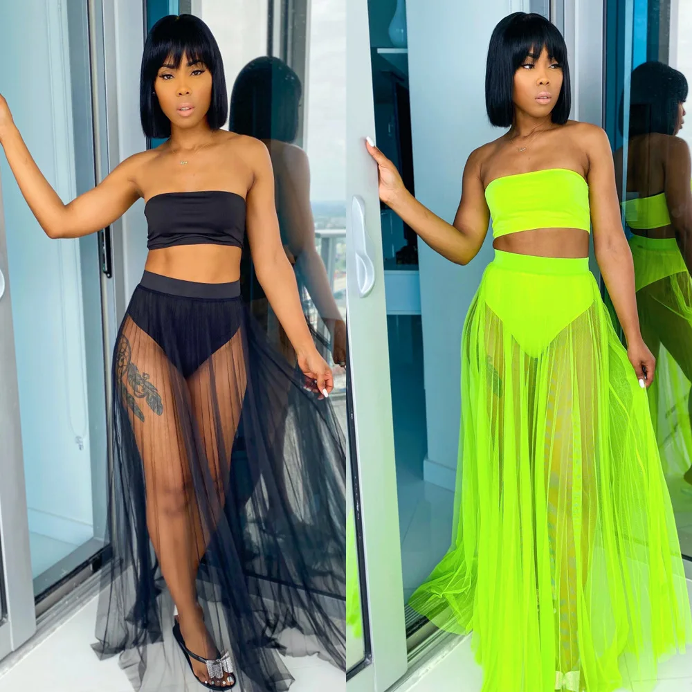 

BKLD 2024 New Summer Beach Outfits Sexy Neon Clothes Strapless Crop Top Mesh Pleated Skirt Women Two Piece Sets Party Clubwear