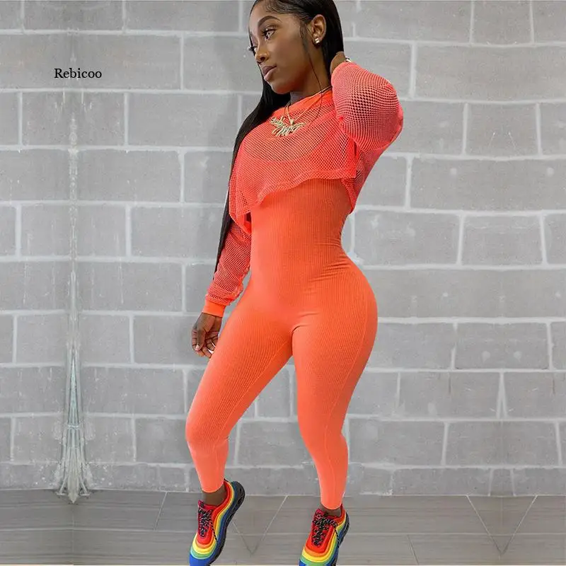 

Пикантный комплект из двух предметов, женский комбинезон, сетчатый прозрачный укороченный топ + Облегающий комбинезон, спортивный костюм, модная уличная одежда, подходящие комплекты