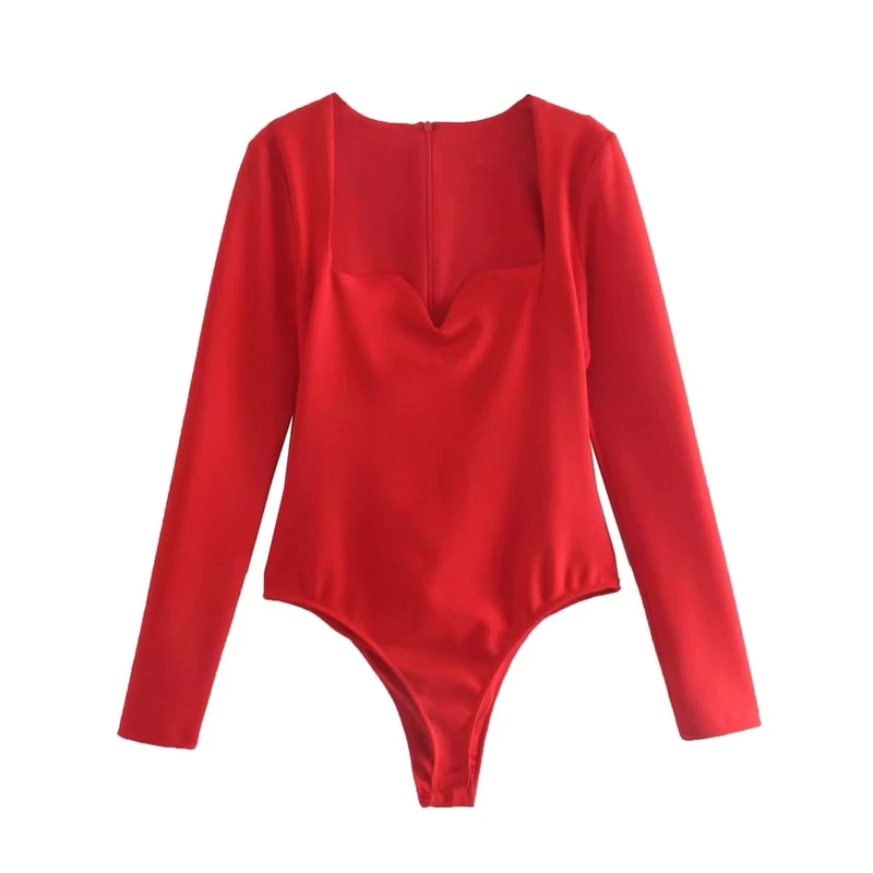 Zxqj Women Red Bodysuits 2022 Spring Fashion Ladies Slim Sweetheart