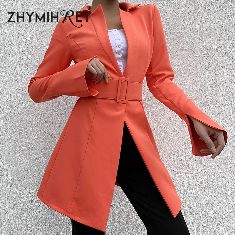 ZHYMIHRET Осень Зима V образным вырезом Блейзер Feminino длинный Сплит рукав пальто Пояс женская верхняя одежда элегантный офис леди Длинные Костюмы