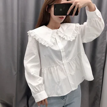 

Plus Size White Shirt Women's Casual White Top Ruffles Neck White Shirt Women School Girl White Top C9548