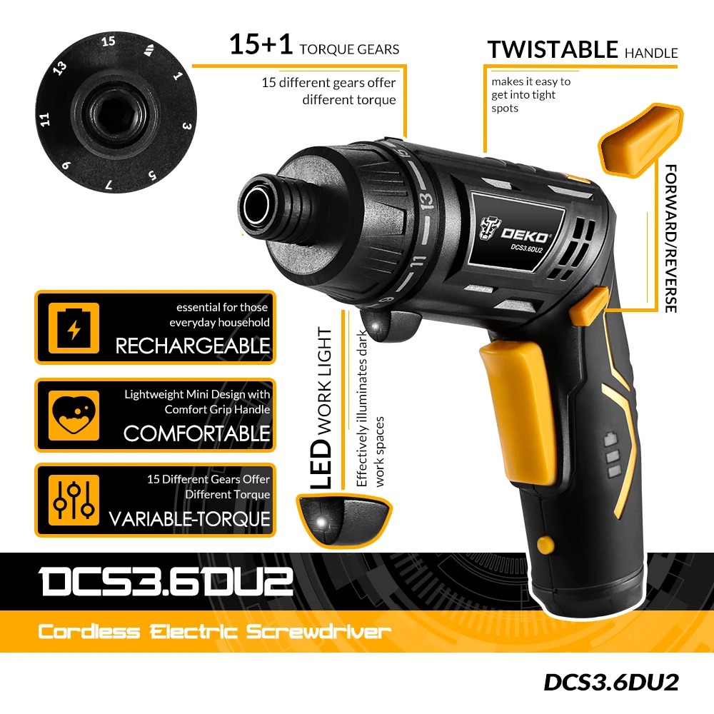 DEKO DCS3.6DU2 Беспроводная электрическая отвертка с вращающейся ручкой светодиодный