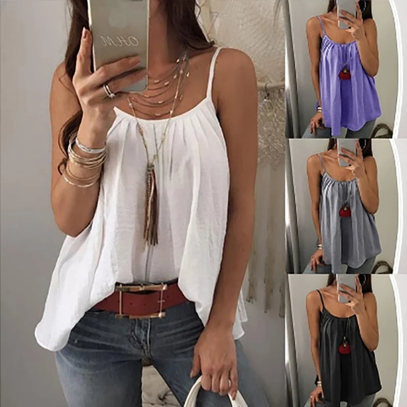 

Chiffon Pleated Women Sleeveless Spaghetti Strap U-Neck Backless Solid Female Tops 2020 Summer Fashion Casual Lady Top Clothes