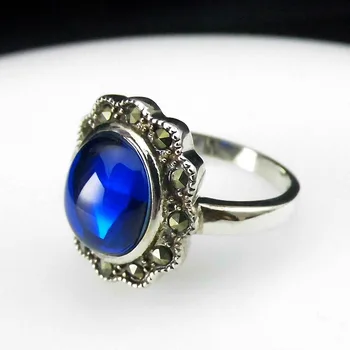 

FNJ Blue Corundum Rings 925 Silver Original S925 Thai Silver Ring for Women Jewelry MARCASITE