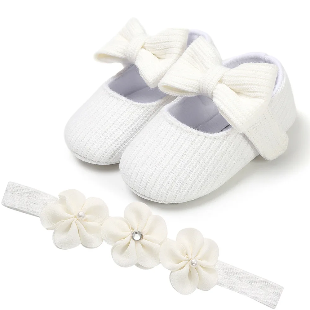 

Hairband Bowknot Knitted shoes Baby Girl Baptism Shoes Infant Newborn First Walkers Girl Birthday Christening Party bed Shoes