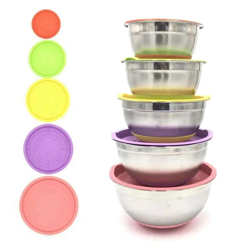 Stainless Steel Mixing Bowl With Lid Home Kitchen Egg Mixer Salad Bowls Non-slip Silicone Bottom Food Storage Bowl Set