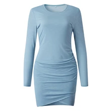 Осенняя и зимняя мода Новая повседневная Дамская одежда сумка бедра нерегулярные с длинными рукавами женское однотонное элегантное платье