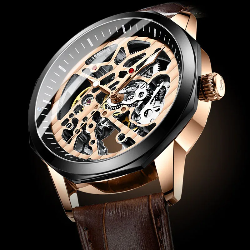 AILANG Luxury Brand Skeleton Automatic Mechanical Watch Mens Fashion Sports Men Watches Leather Strap Relogio Masculino
