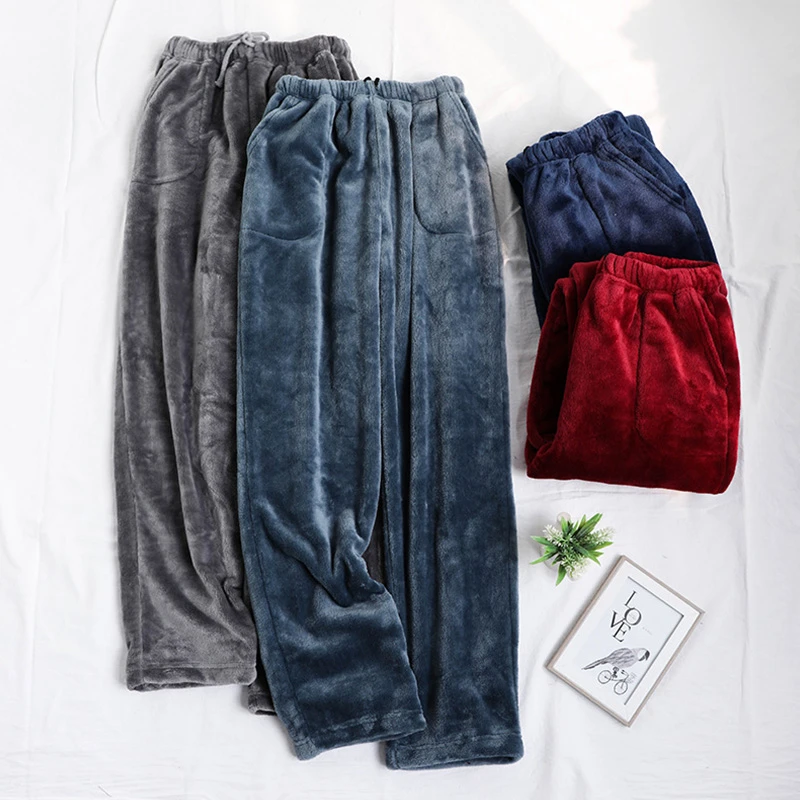 Men Winter Thick Flannel Sleep Pants Casual Pocket Pajama High Waist Loose Plus Velvet Home Pants Coral Fleece Male Sleepwear men's silk pajamas