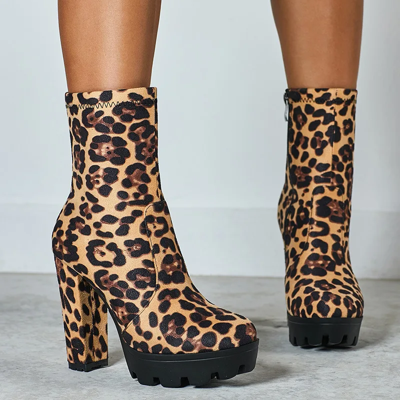 

leopard boots Brown High Square Chunky Heel Booties Leopard Print Platform Heels Side Zippers Ankle Boots Dress Career Woman