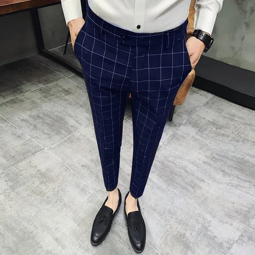 Бренд костюм брюки Англия Классический плед Бизнес повседневные девять очков деловые штаны Slim Fit Брюки свадебное платье - Цвет: Navy Suit Pants