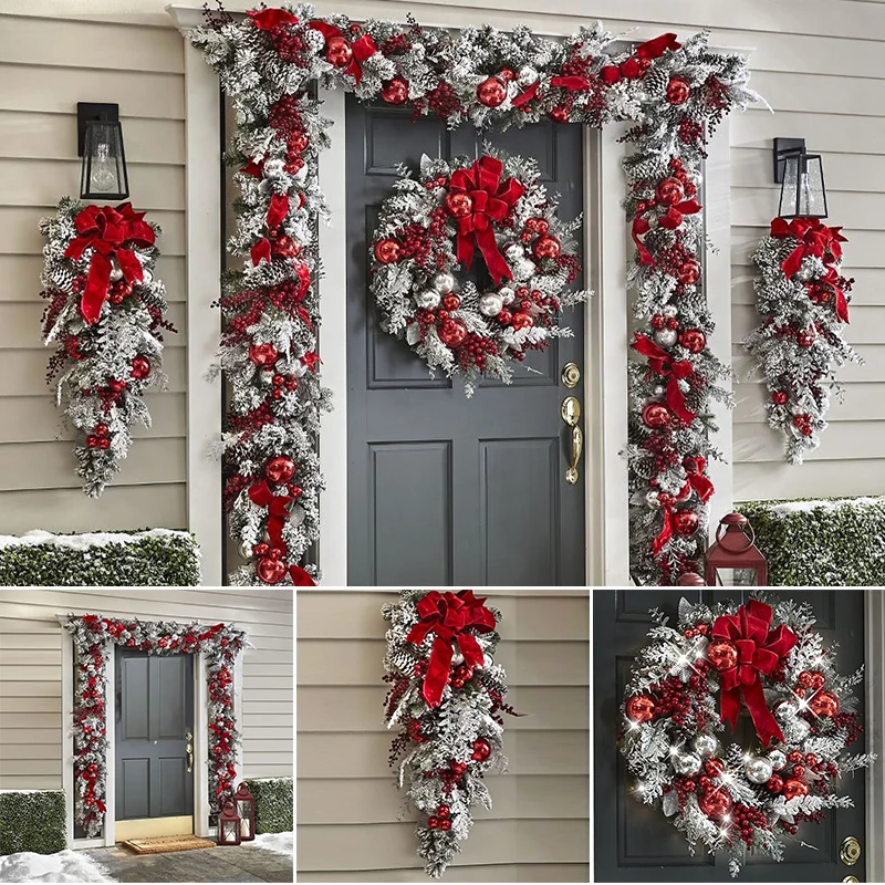 Red And White Holiday Trim Front Door Wreath Christmas Home Restaurant Decoration Wreaths & Garlands xqmg Artificial Decorations