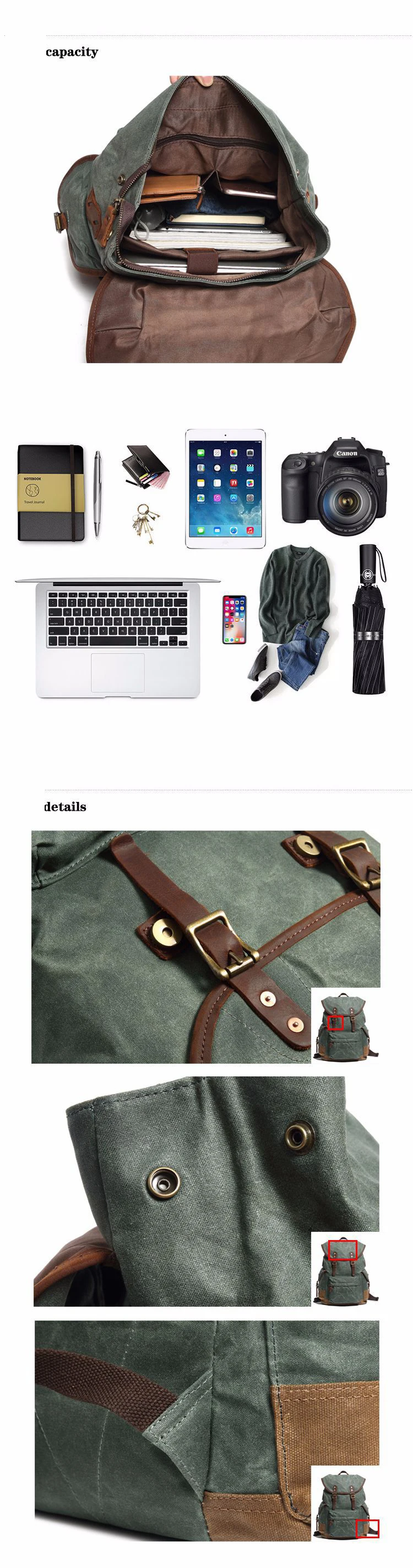 Backpacks Male Leather Genuine Waxed Canvas Backpacks Travel Backpack Waterproof Canvas Backpack Rucksack Travel Outdoor