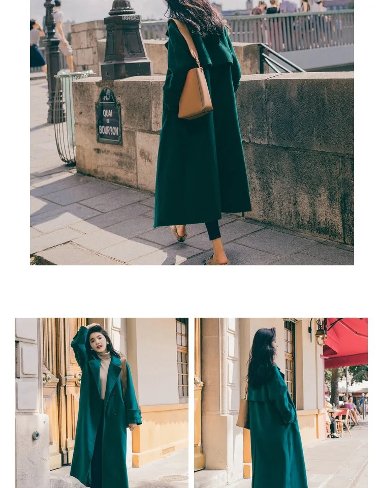 INS Malachite Green элегантное двубортное шерстяное пальто с воротником для фотосессии, осень и зима, длинное шерстяное пальто выше колена