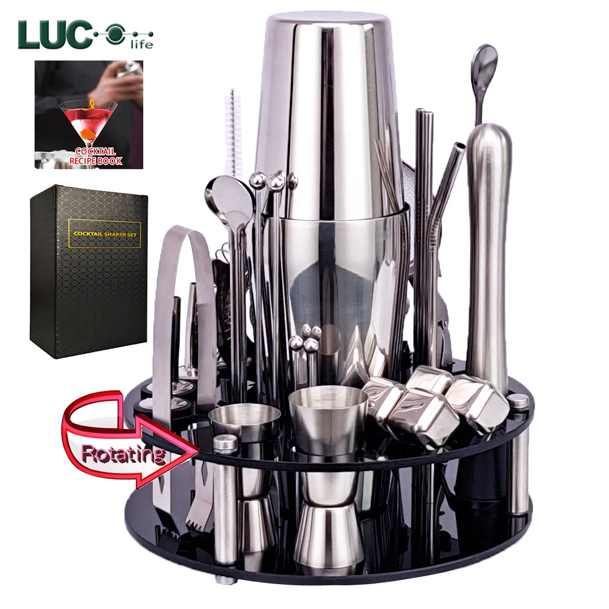 

Bartender Kit, Cocktail Shaker Set With Rotating Acrylic Holder. Home DIY Suit for Mixed Drinks Martini Bar Tools Perfect Gift