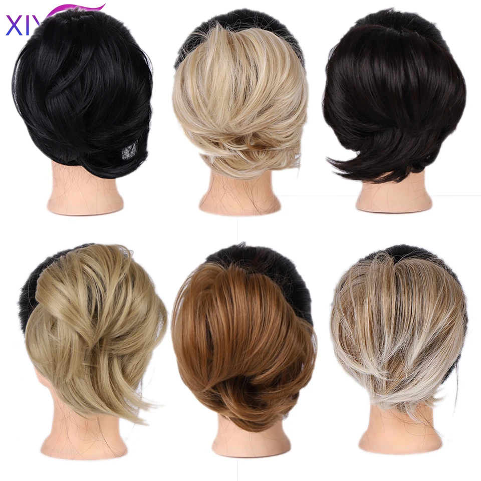 XIYUEMessy Scrunchies Donut Bun Synthetic Hair Chignon Straight Elastic Band Hair Extensions Heat Resistant Hairpieces For Women