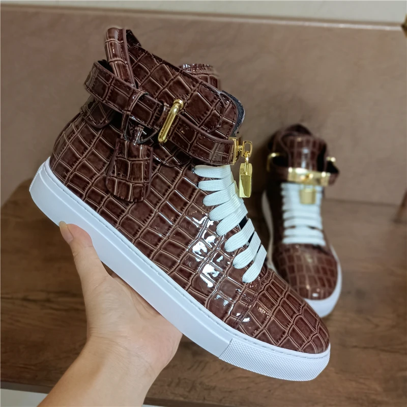 Phenkang Men Alligator Pattern High Top Sneakers Lock Lace Flats Glossy Real Leather Newest Designer Boots Men&lsquo;s Casual Shoes