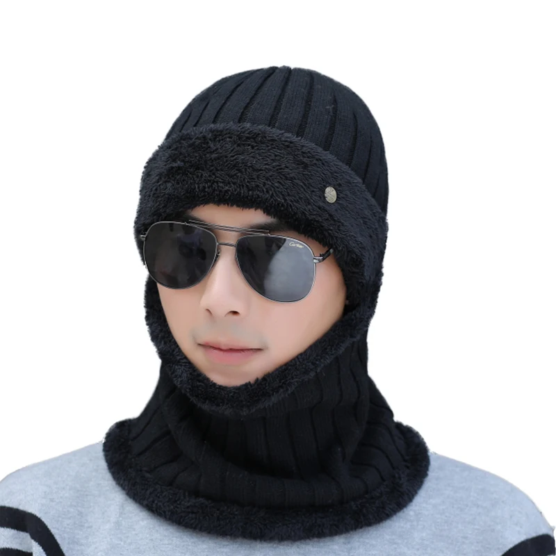 SUOGRY High Quality Winter Hats For Fashion Knitted Hat Scarf Warm Cap Thick Fur Hat Beanie Cashmere Wool Male Beanie