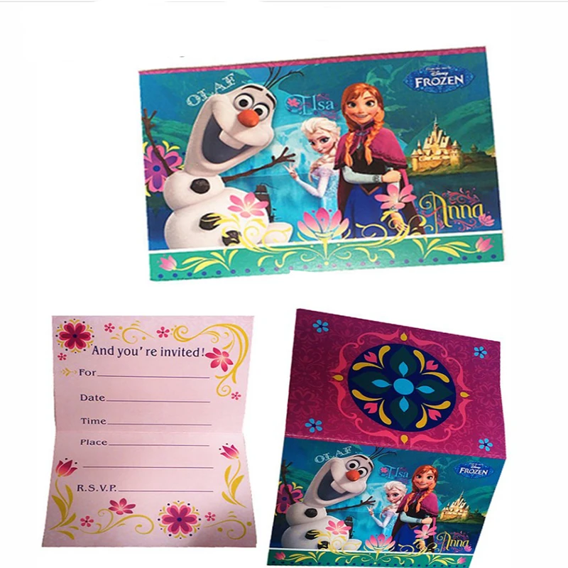 Invitation card 8pcs Вечерние шары Эльзы и Анны из мультфильма «Холодное сердце», детские праздничные одноразовые столовые приборы на день рождения, тарелки, чашки с флагом, Детские вечерние украшения, подарок - Цвет: Invitation card 8pcs