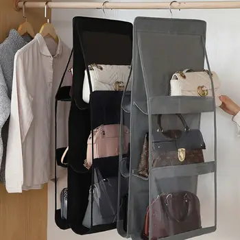 

6 Pocket Folding Hanging Large Clear Handbag Purse Storage Holder Anti-dust Organizer Rack Hook Hanger