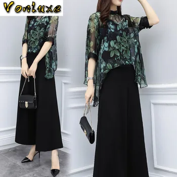 

Three Quarter Sleeve Elastic O Neck Top And Wide Leg Full Pants Floral Print Elegant Vintage Summer Women Sets