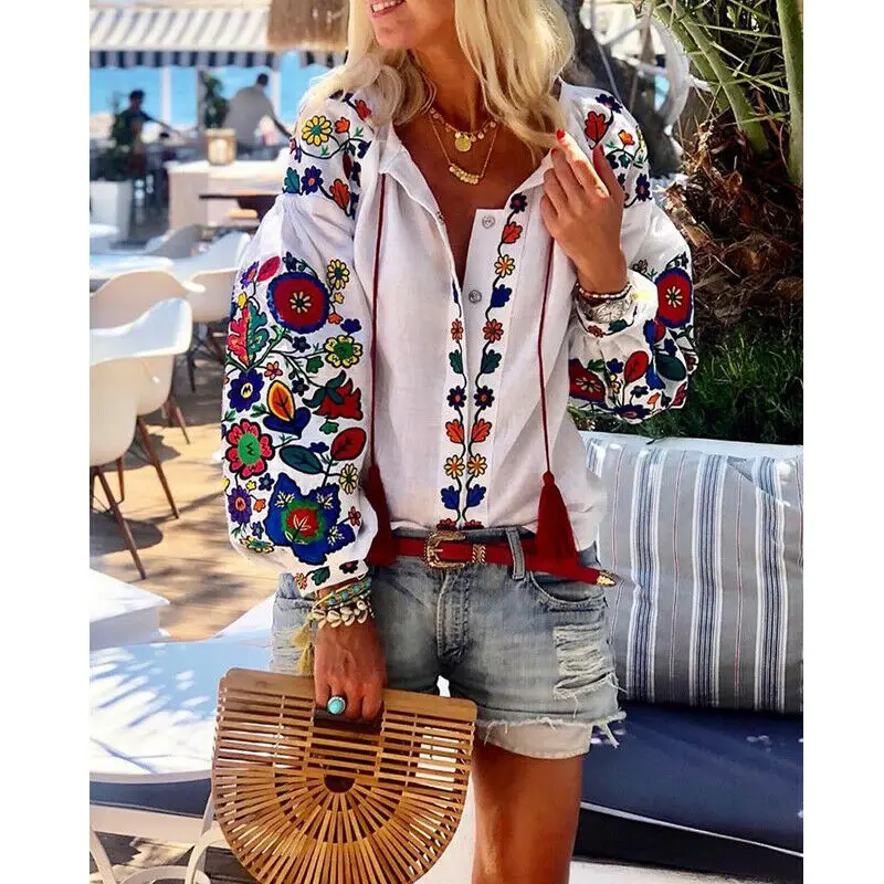 New Women White Floral Ethnic style Embroidered Blouse And Tops Long Sleeve Turn Down Collar Elegant Shirt blusas mujer de moda