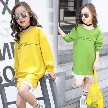 

Teenage Girls Dress Long Sleeve Shirts Girls Dress with Lace 2020 Spring New Kids Girls Casual Dresses Girls T-shirt Dress Fall