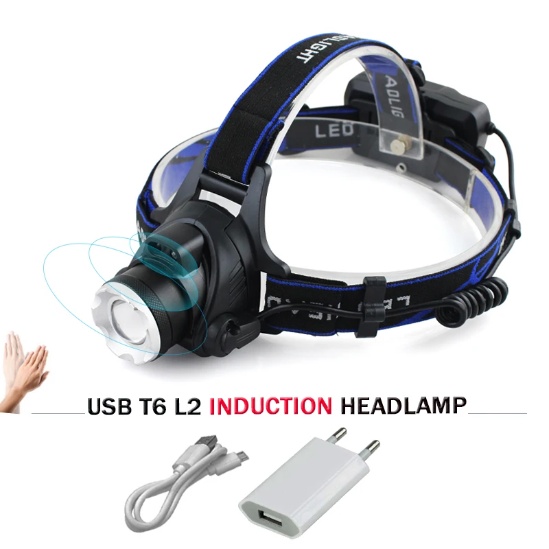 

Portable Lighting headlight infrared Induction zoom 18650battery usb charge xml t6 l2 head torch headlamp camping lampe frontale