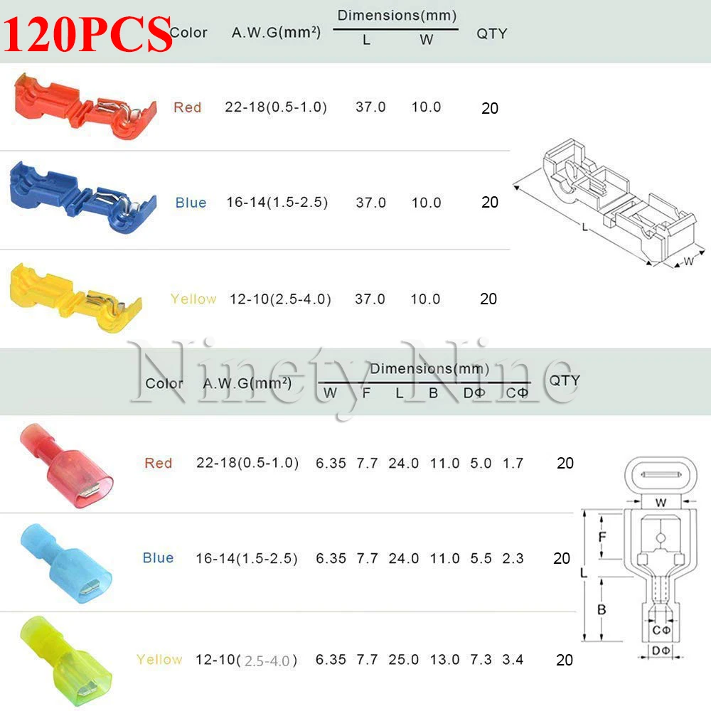 T-Tap Wire Connectors, Self-Stripping Quick Splice Electrical Wire Terminals, Insulated Male Quick Disconnect Spade Terminals
