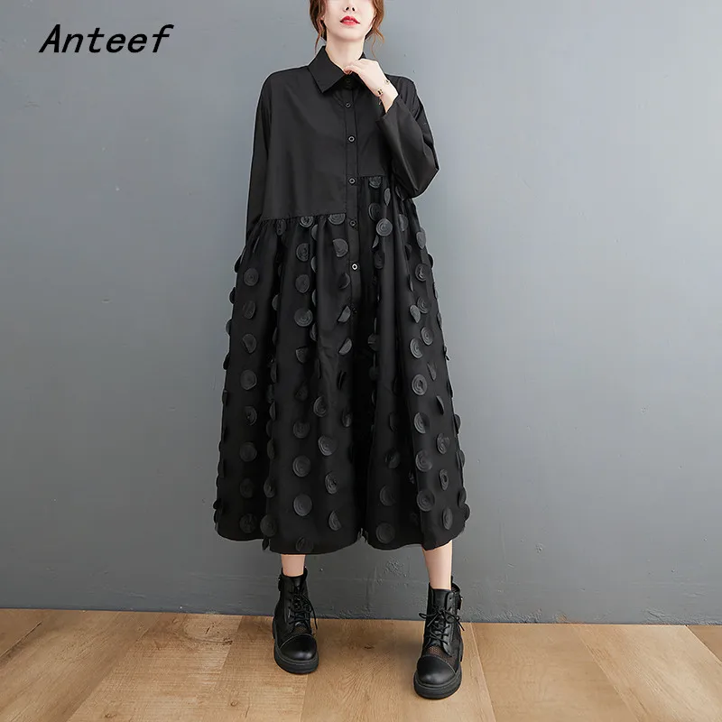 

Anteef long sleeve black mesh vintage dresses for women casual loose spring autumn shirt dress elegant clothing 2022