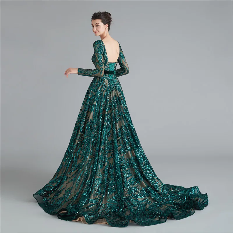 Зеленое блестящее вечернее платье с блестками с длинными рукавами длина до пола Arabia официальное вечернее платье выпускное платье Robe De Soiree