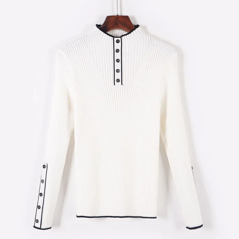 GIGOGOU полосатый свитер на пуговицах, Женский пуловер с высоким воротом, Женский мягкий джемпер, эластичный вязаный свитер на осень и зиму, женская одежда, свитера - Цвет: White 209