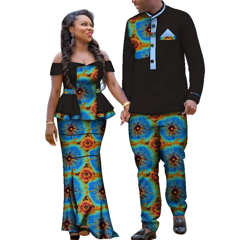 Свадебный комплект из двух предметов, Африканский принт Дашики, одежда для влюбленных, мужская рубашка и брюки, Блейзер, женские вечерние платья, WYQ113 - Цвет: 19