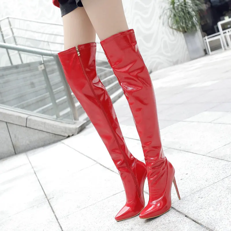 

Women Sexy Thin High Over the Knee Boots Fashion Zipper Boots Ladies Pointed Toe Fall Winter Thigh Boots Black White Red