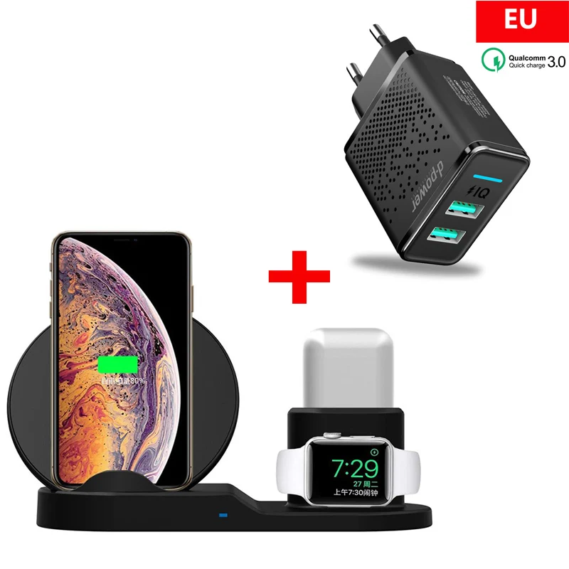 Black with EU plug Qi Беспроводное зарядное устройство для iPhone 11 pro X samsung 10 Вт быстрая зарядная подставка для iWatch 3 2 1 Airpods док-станция зарядное устройство с вилкой US EU - Цвет: Black with EU plug