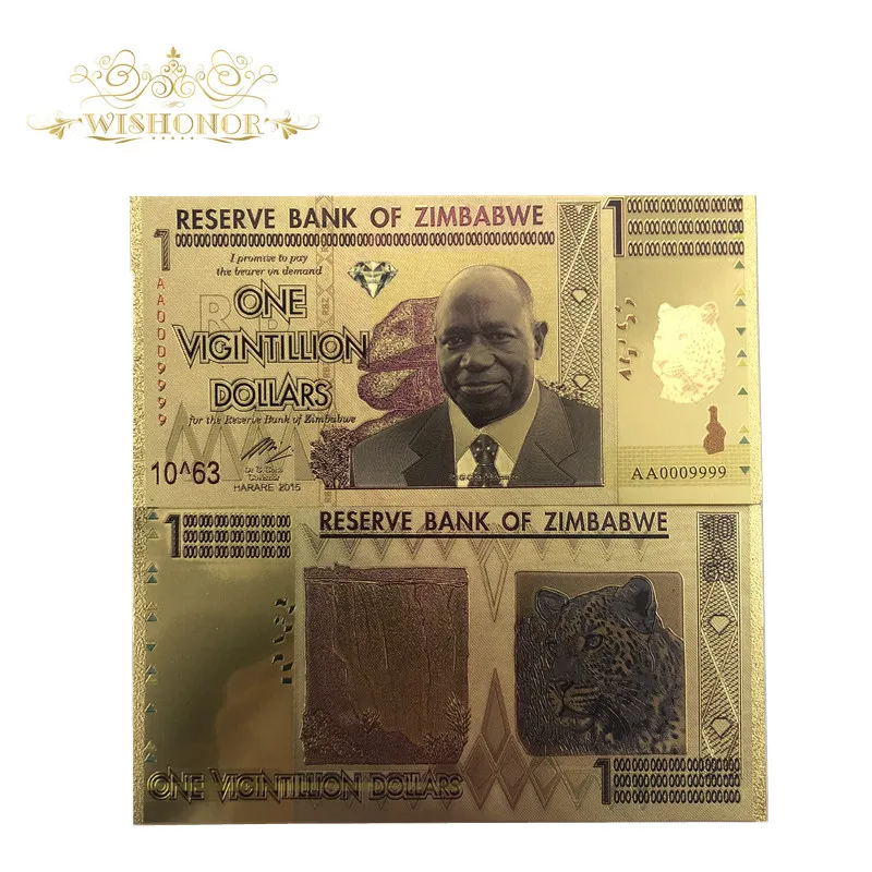 10 шт./лот Зимбабве банкноты один Vicintillion долларов с покрытыем цвета чистого 24 каратного золота БАНКНОТ с ультрафиолетовым светом для сувенира и коллекция подарков