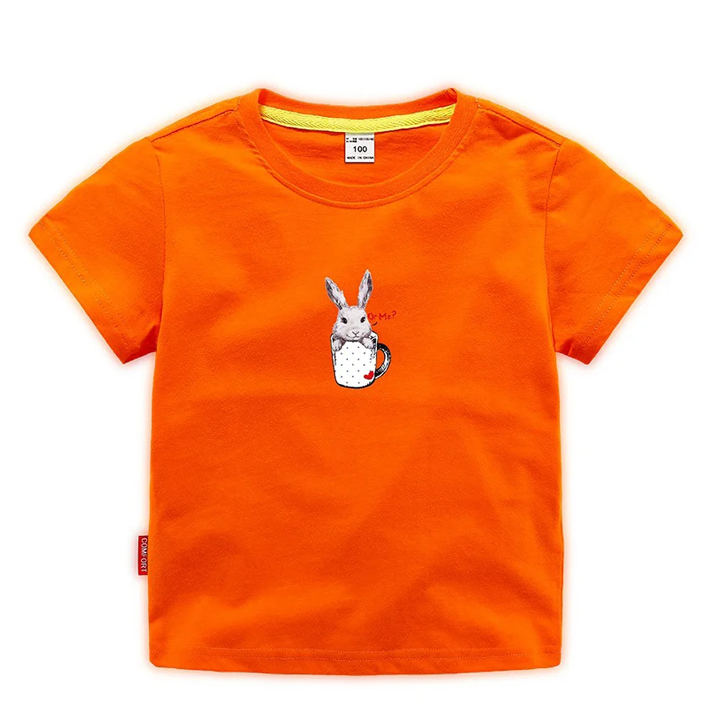 Летняя детская Рождественская одежда хлопковая однотонная Детская Повседневная футболка с короткими рукавами и принтом кролика для маленьких девочек Футболка - Цвет: Оранжевый