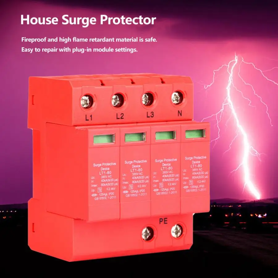 

40/80KA 385V Surge Protection Device Din Rail Low-voltage House 4 Poles Surge Protector Arrester for Lightning Protection